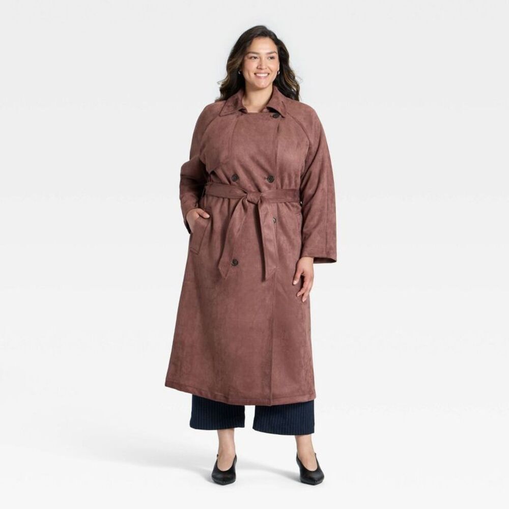 Women's Faux Suede Trench - A New Day Brown 3X
